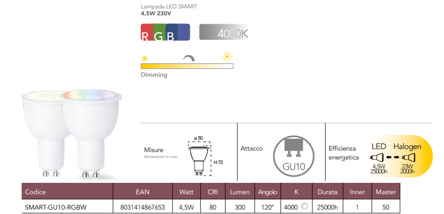 Lampadina LED SMART WIFI CCT RGB dimmerabile 4.5W 300 lumen resa 23W 230V Lampadina LED SMART WIFI CCT RGB dimmerabile 4.5W 300 lumen resa 23W 230V